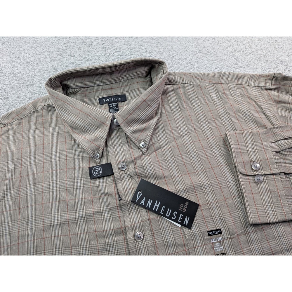 Van Heusen Men XXL No Iron Plaid Button Down Shirt Long Sleeve Brown Tan